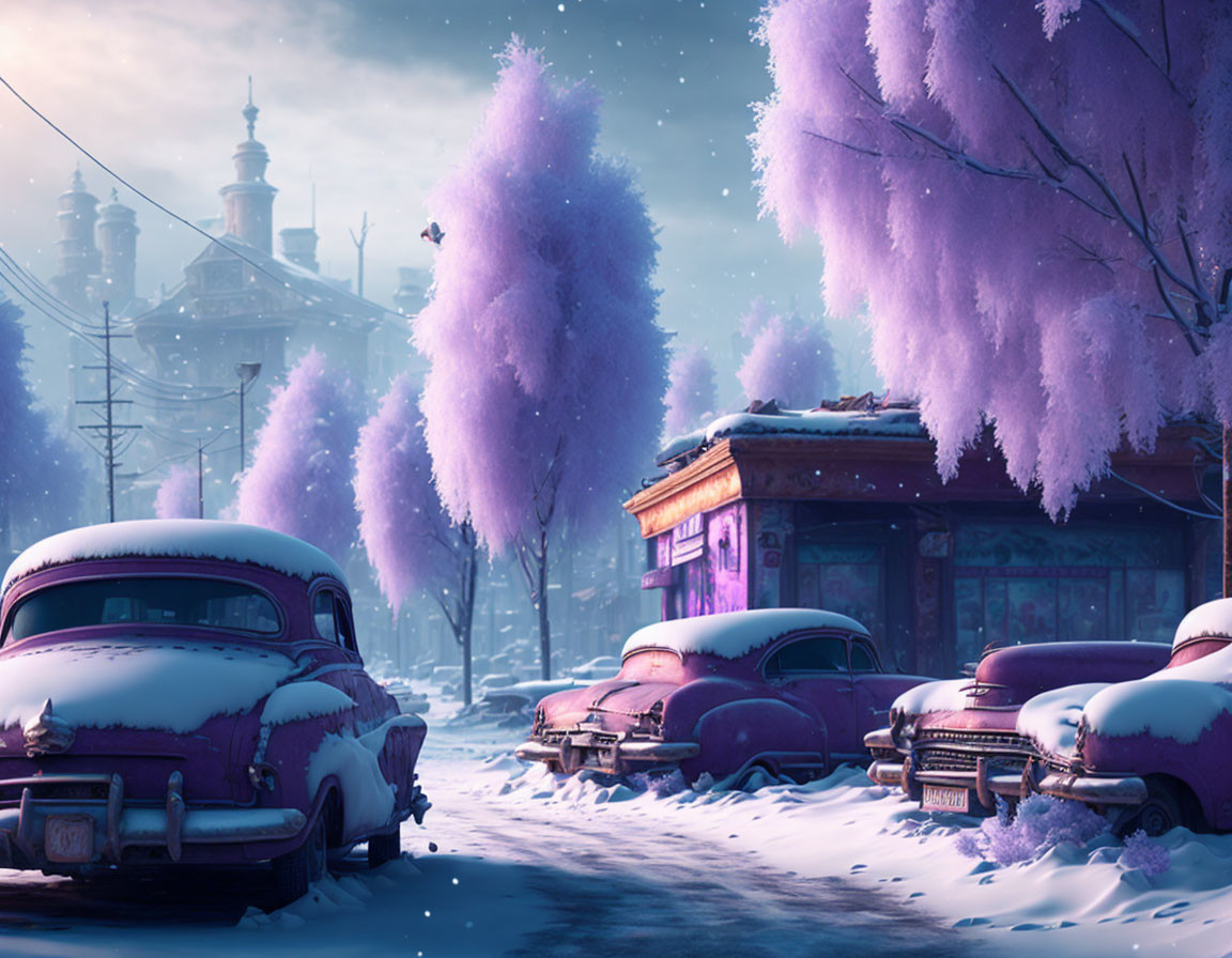 Vintage cars in snow with purple trees and historic buildings at twilight