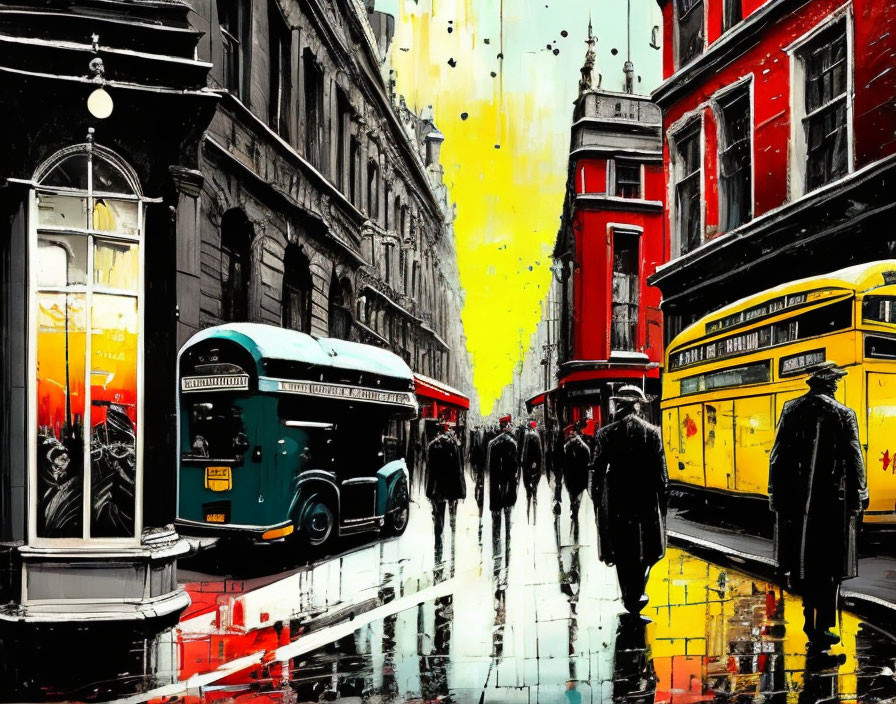 Colorful Street Scene with Buildings, Bus, Vehicles, and Pedestrians in Rainy Cityscape