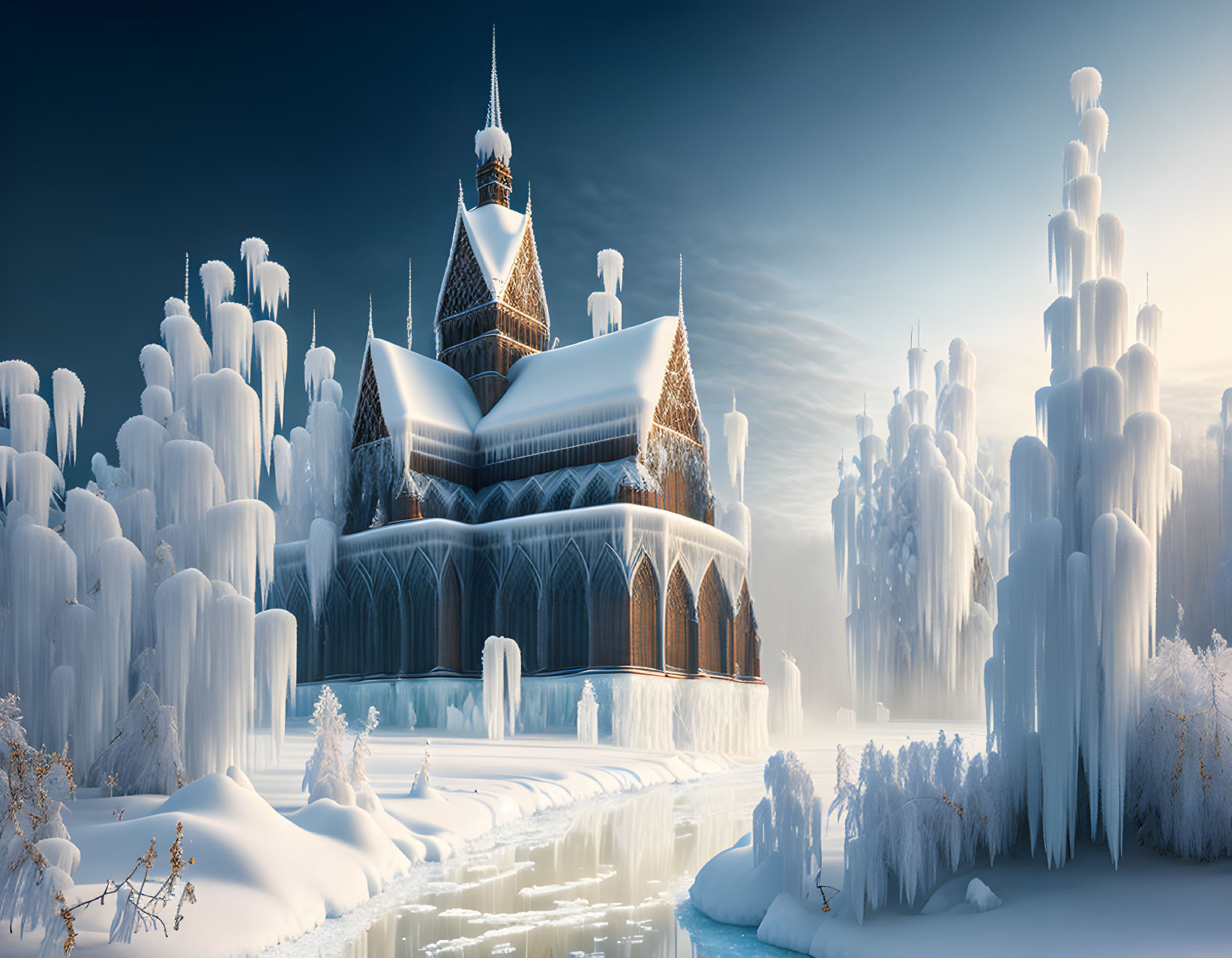 Grand ice-covered palace in fantastical winter scene