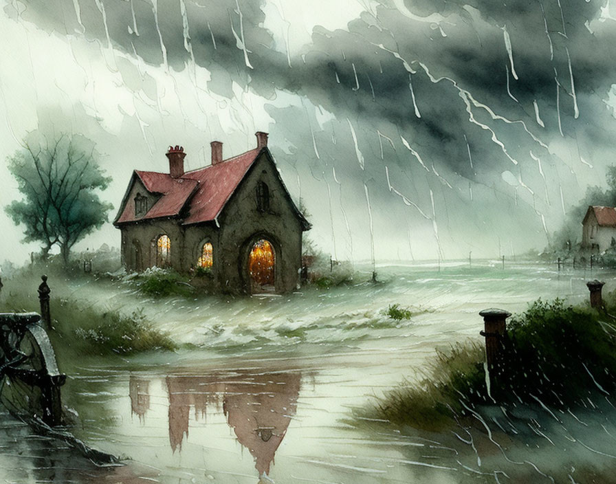 Cozy cottage in stormy landscape with rain and lightning.