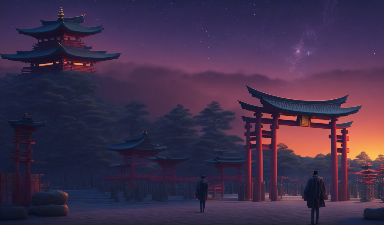 Twilight scene with two people near red torii gates and pagoda