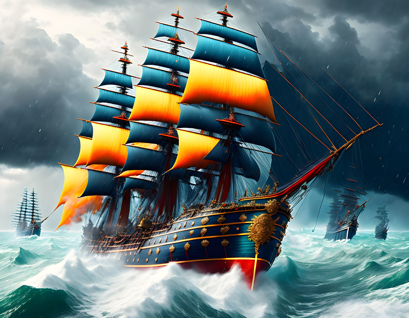 Majestic ship with orange sails navigating stormy seas