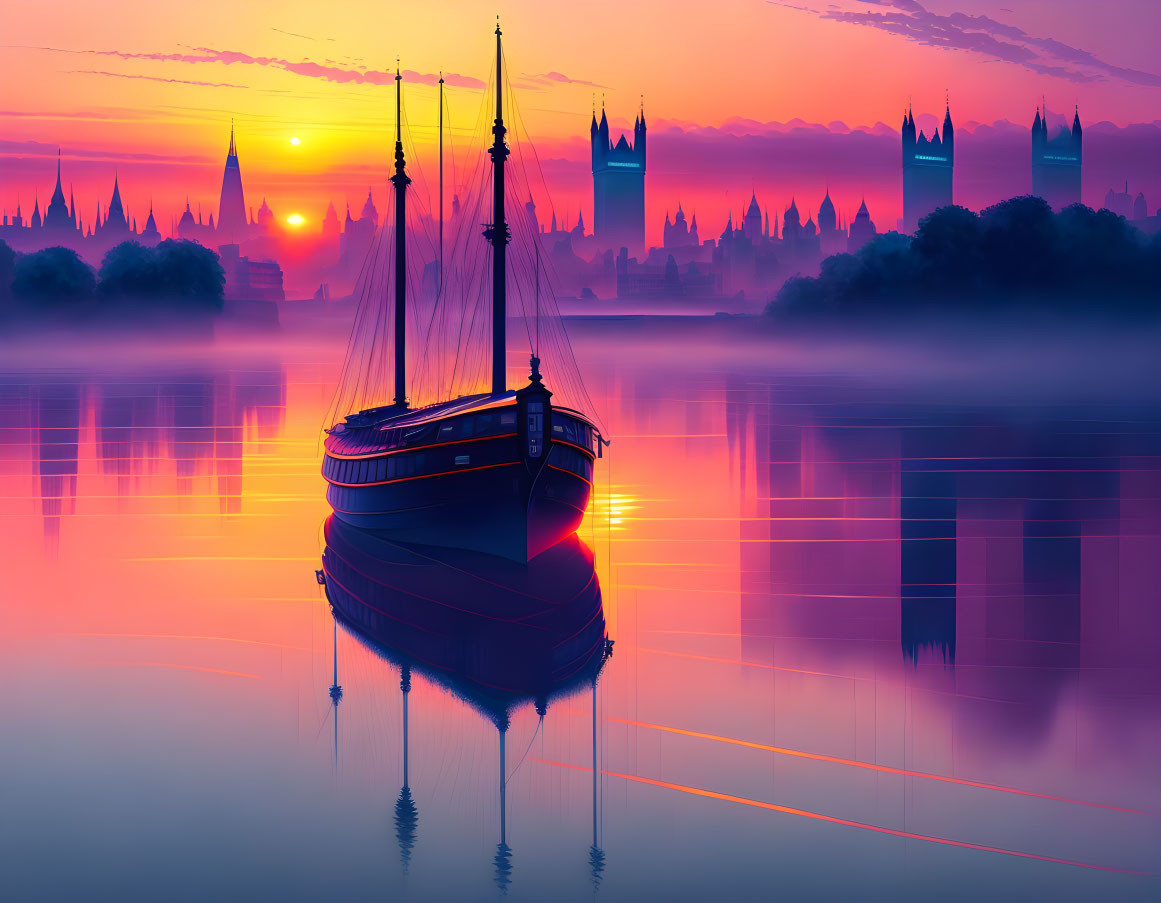 Tranquil sailboat on calm waters at sunrise with city silhouettes.