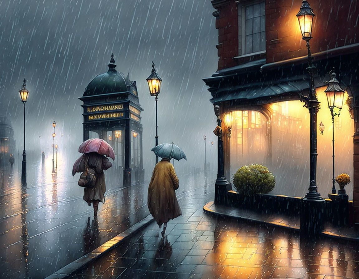 Rainy night scene: Two people with umbrellas walking by "J. LONNEMANN