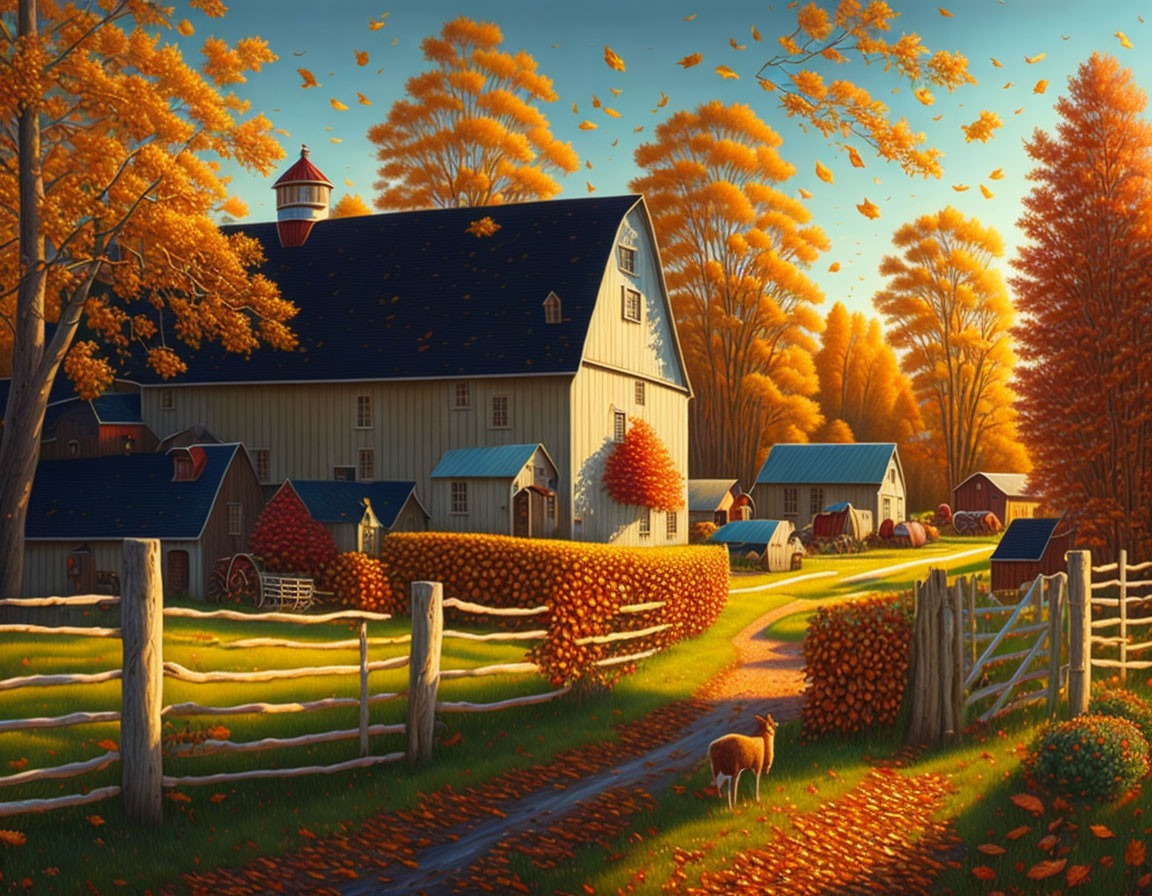 Rural autumn landscape with barn, farmhouse, animals, and golden trees