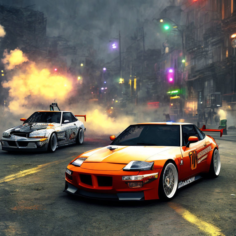 Customized sports cars drift in urban street with neon lights