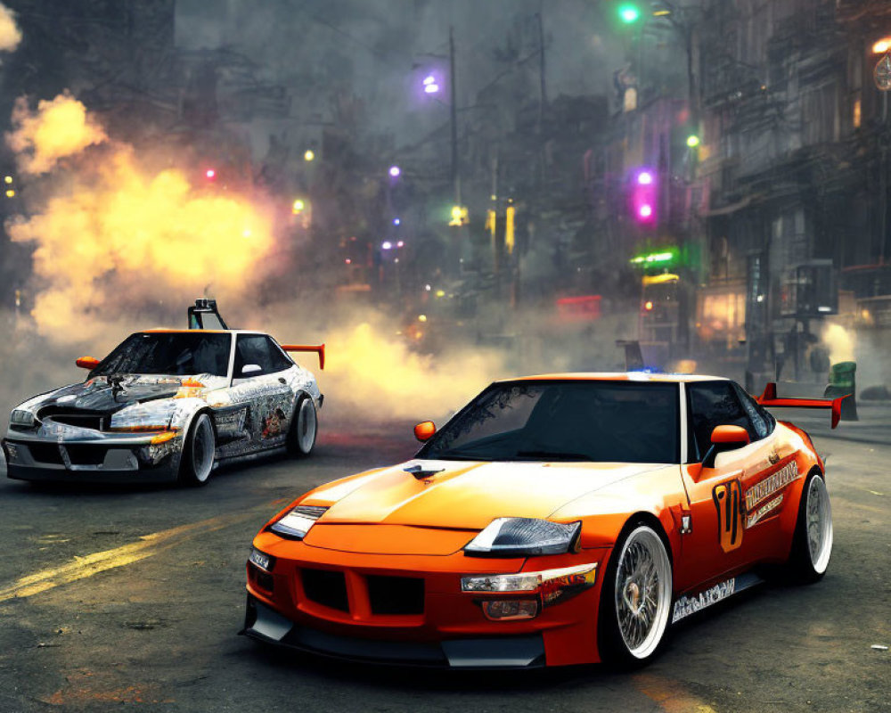 Customized sports cars drift in urban street with neon lights