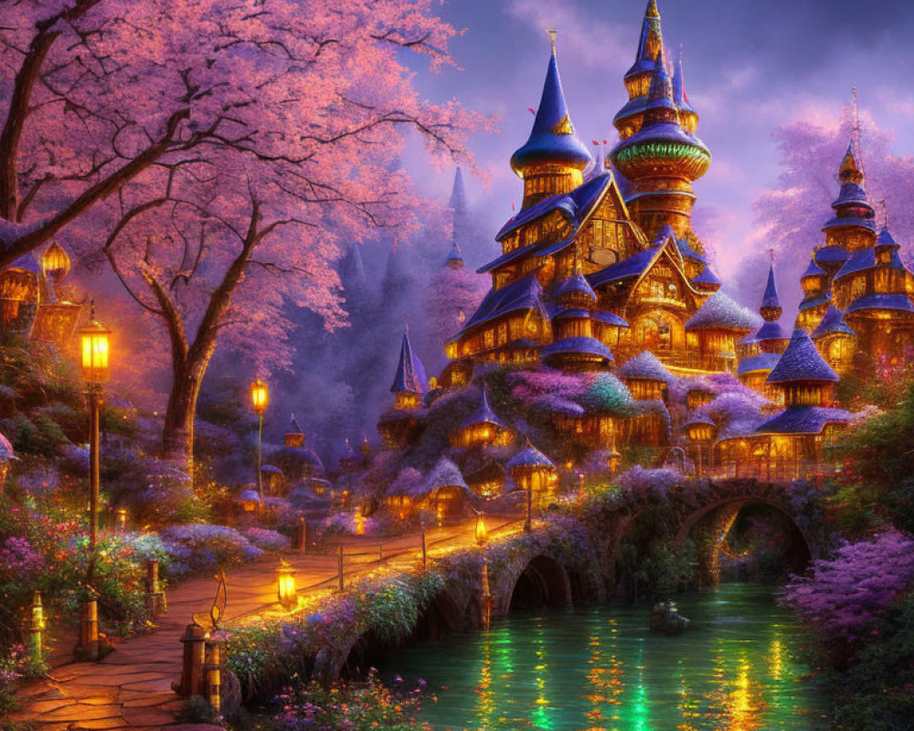 Whimsical castle surrounded by pink trees and lanterns at twilight