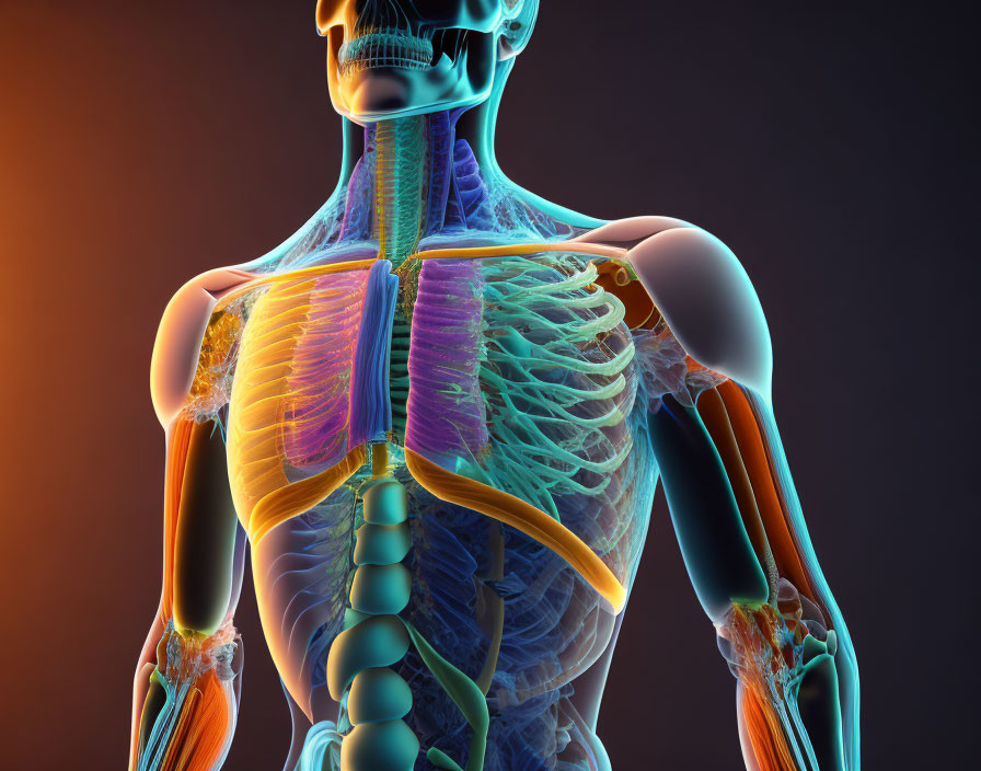 Detailed Human Torso Anatomy: Muscles, Bones, and Organs Highlighted