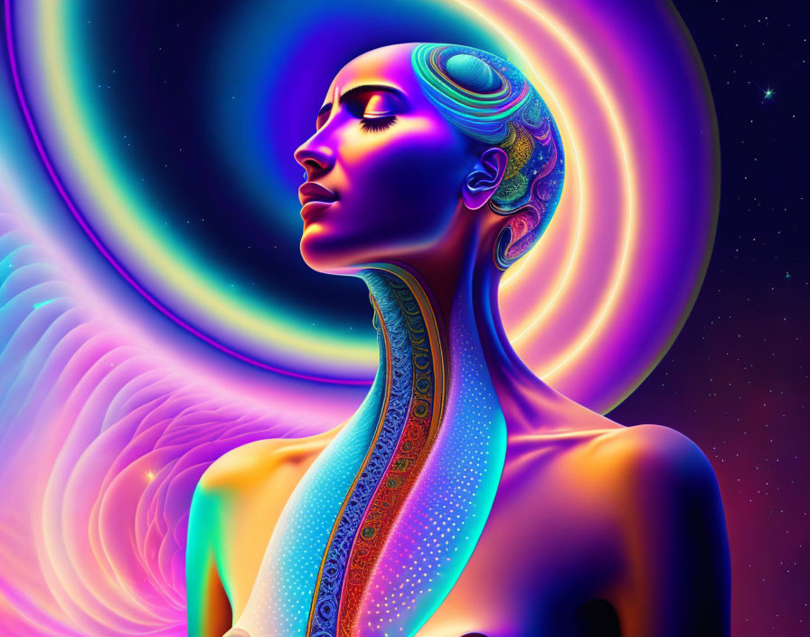 Colorful digital artwork: woman with stylized features in cosmic setting.