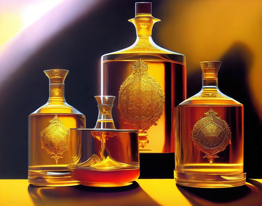 Four ornate glass whisky decanters with amber liquid and intricate designs on reflective surface, against yellow