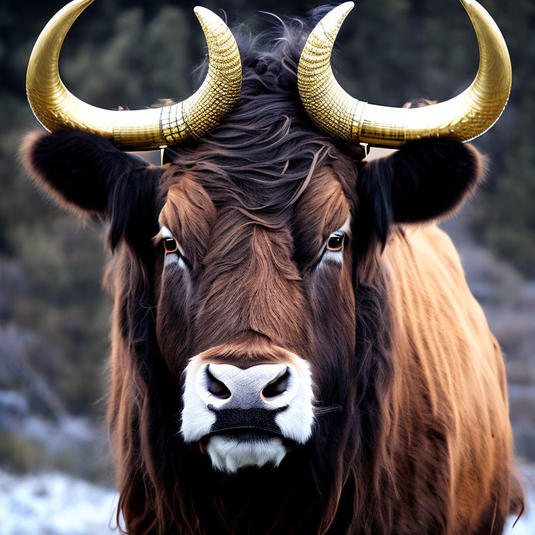 Highland cow with long, wavy brown hair and curved yellow horns in close-up view