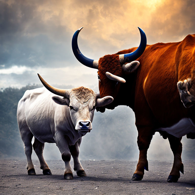 Two Bulls with Large Curved Horns in Dramatic Sky Portrait