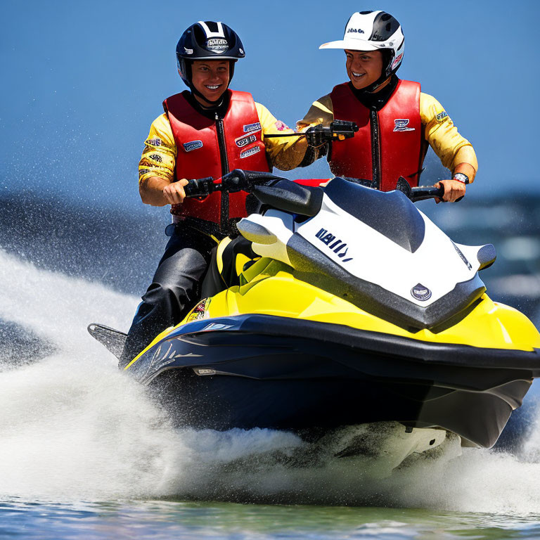 Two people on jet ski in life vests on sunny day with water splashing