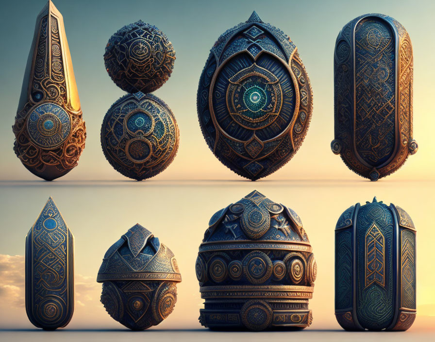 Ancient Shield Designs with Elaborate Patterns on Dusky Sky Background