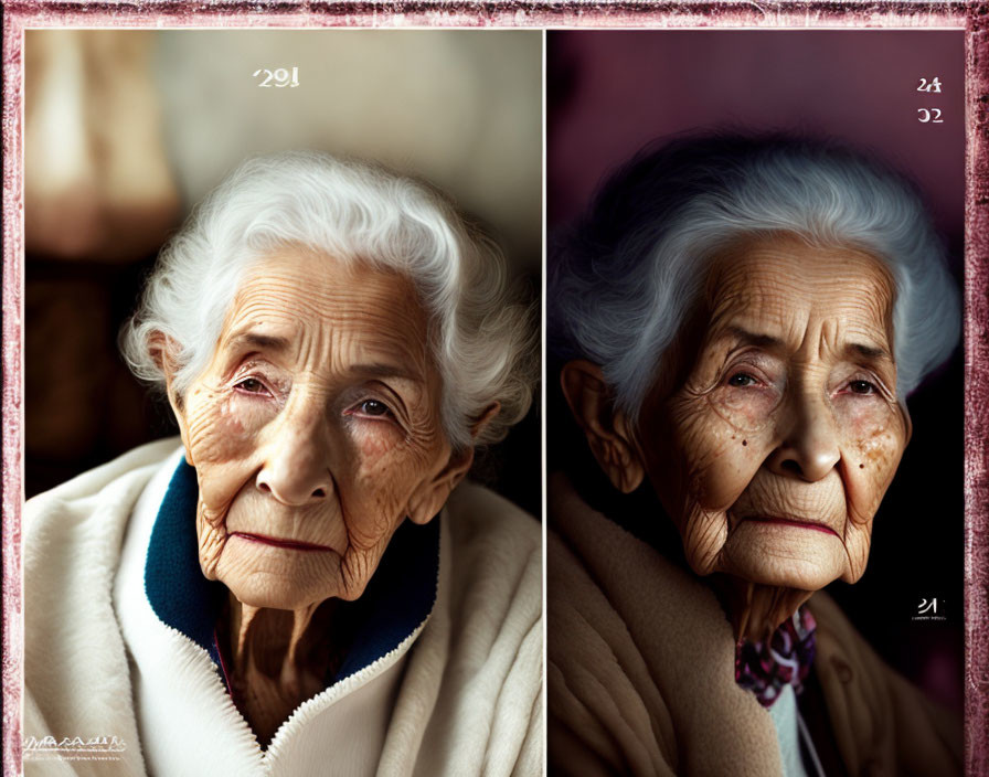 Elderly woman diptych portrait with white hair and deep-set eyes in white and blue garment