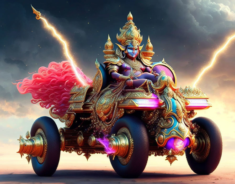 Mythological figure with multiple arms on chariot under dramatic sky