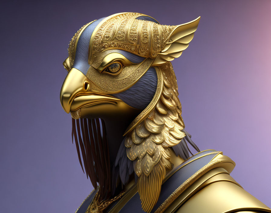 Majestic golden falcon head in intricate armor on gradient background