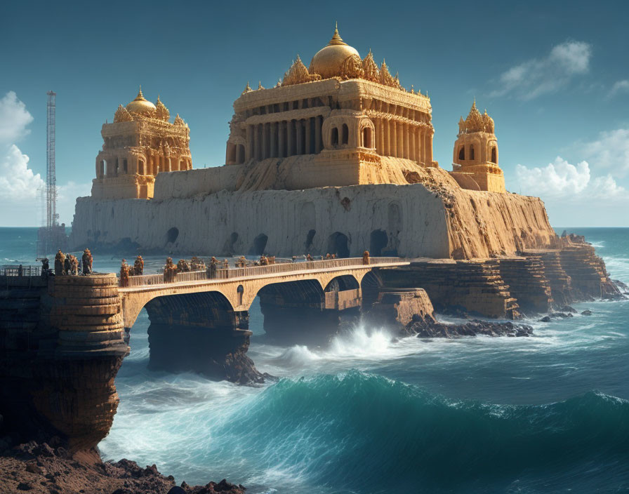 Golden-Domed Palace on Cliff Over Turbulent Sea