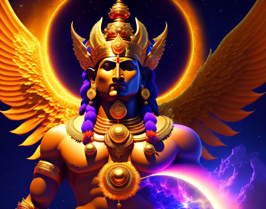 Four-faced deity with golden wings and Hindu ornaments in cosmic scene