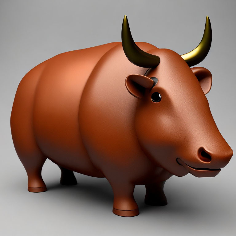 Stylized 3D illustration of plump brown ox with golden horns