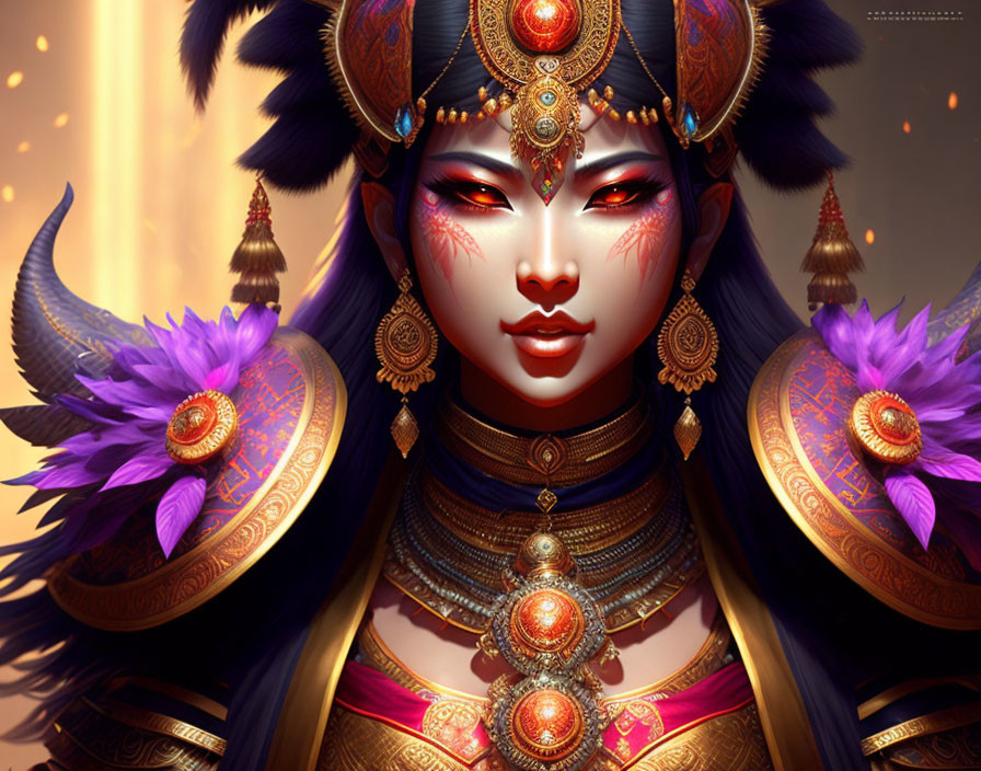 Fantasy character with golden jewelry, purple accents, and red eyes.