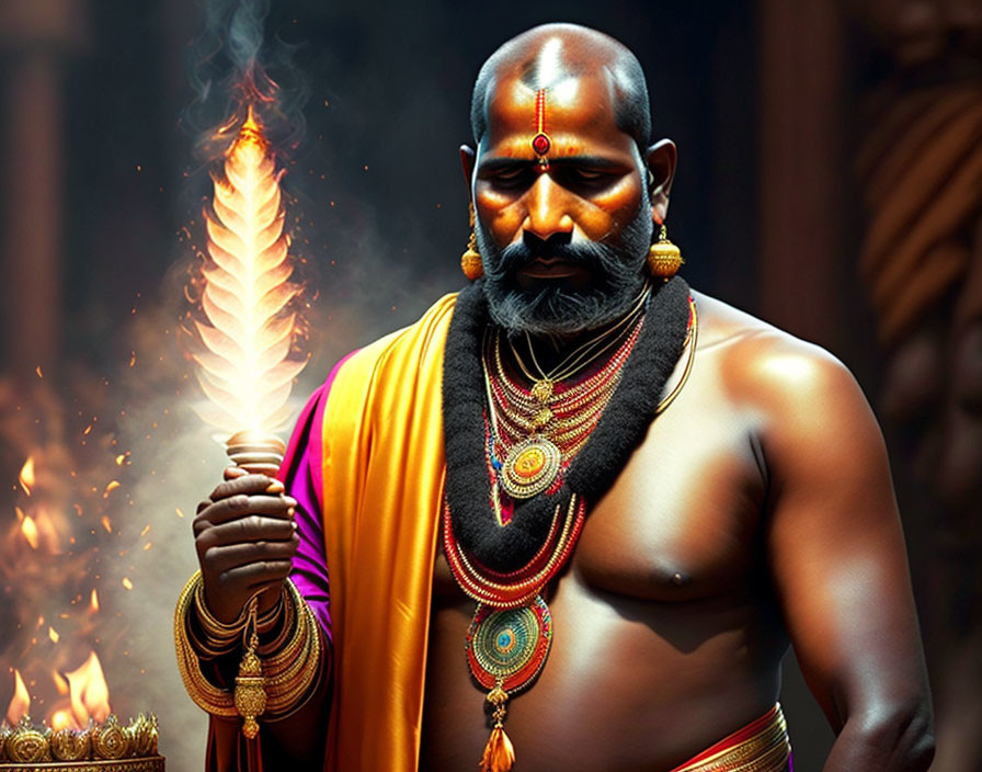 Man with Indian mark holds flaming trident by fire