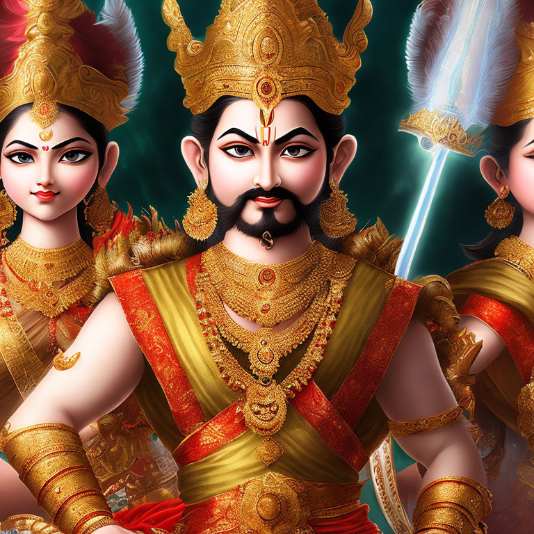 Colorful illustration of male figure in golden armor with mustache, accompanied by two women in matching attire