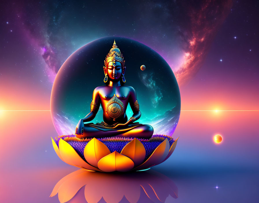 Colorful Digital Artwork: Meditating Buddha on Lotus in Transparent Sphere