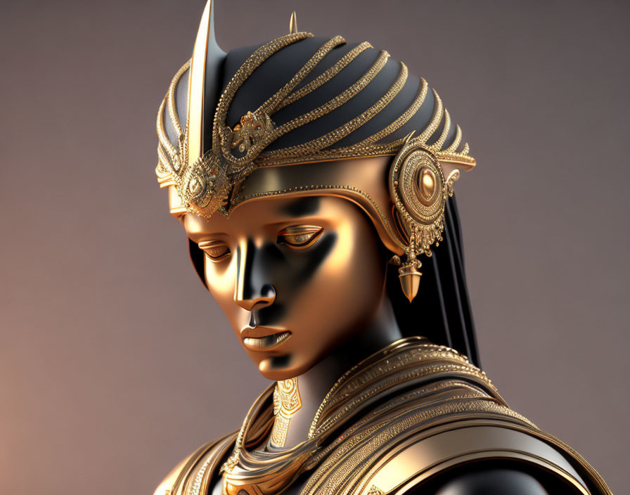 Metallic humanoid figure with ornate helmet and golden jewelry in 3D rendering