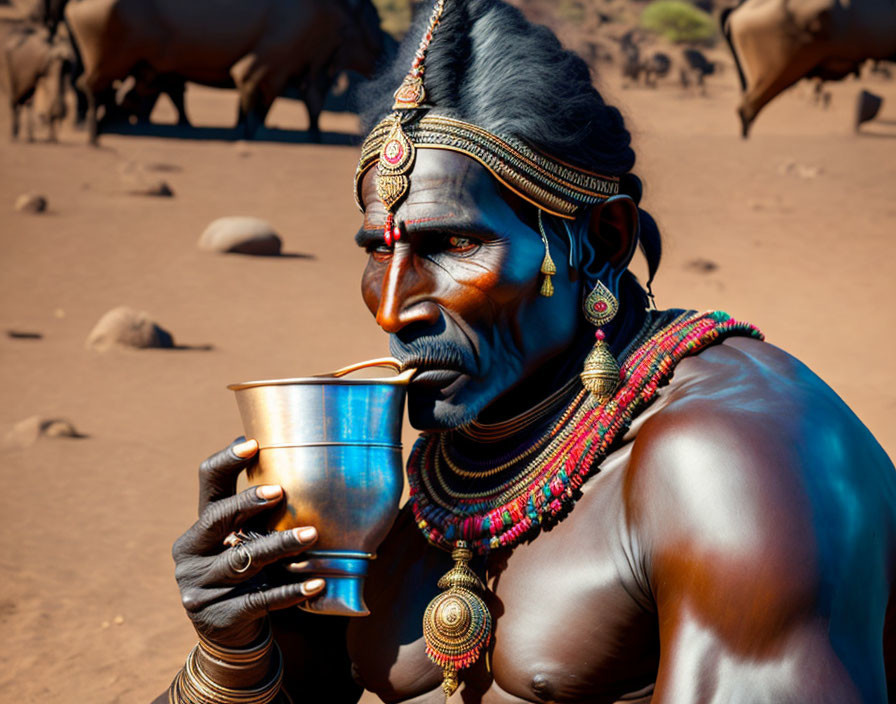 Person in traditional face paint holding cup with desert backdrop herd.