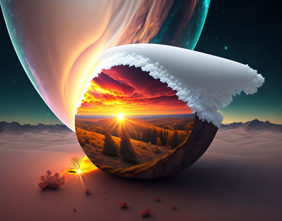 Split planet surreal landscape with snowy peaks and vibrant sunset