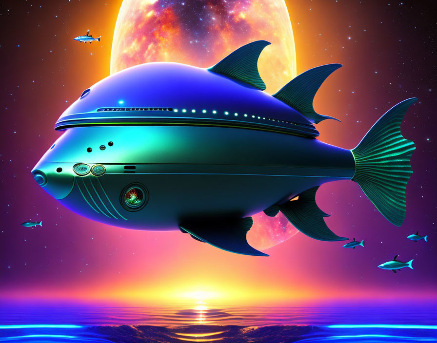 Futuristic fish-shaped spaceship on alien planet with moon and stars