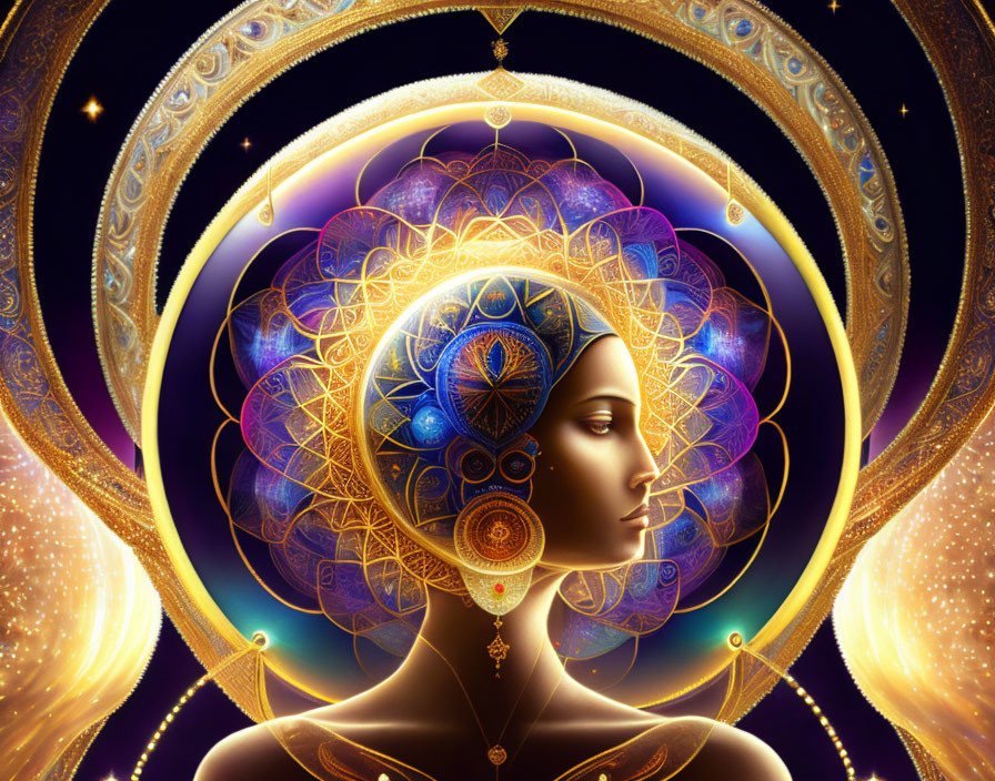 Digital artwork featuring woman's profile with golden mandala patterns and cosmic elements against starry night sky.