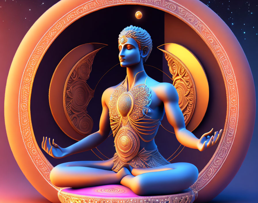 Blue-skinned figure meditating with cosmic symbols on vibrant celestial backdrop