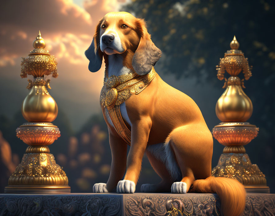 Regal Beagle in Golden Attire Amid Royal Setting