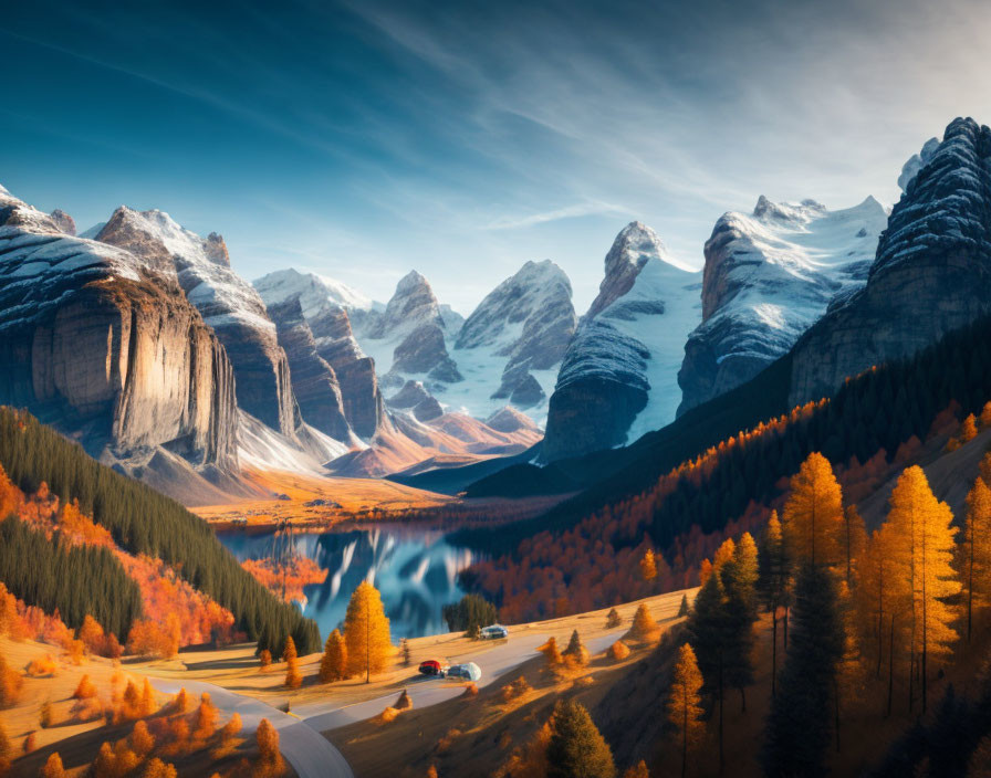 Autumn landscape: winding road, orange foliage, reflective lake, snow-capped mountains.