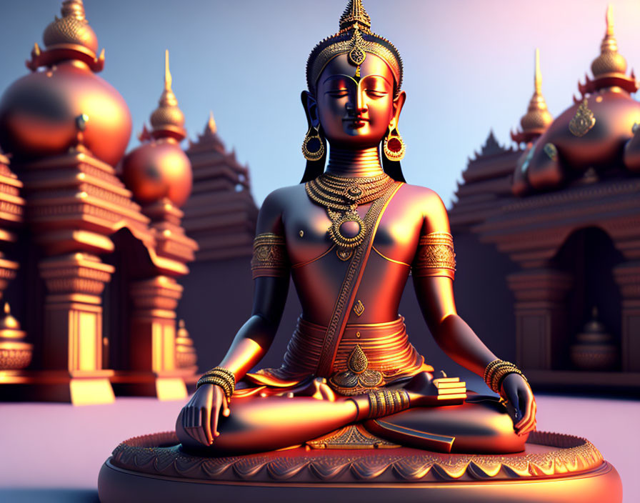 3D rendering of meditating Buddha statue with gold jewelry in temple setting