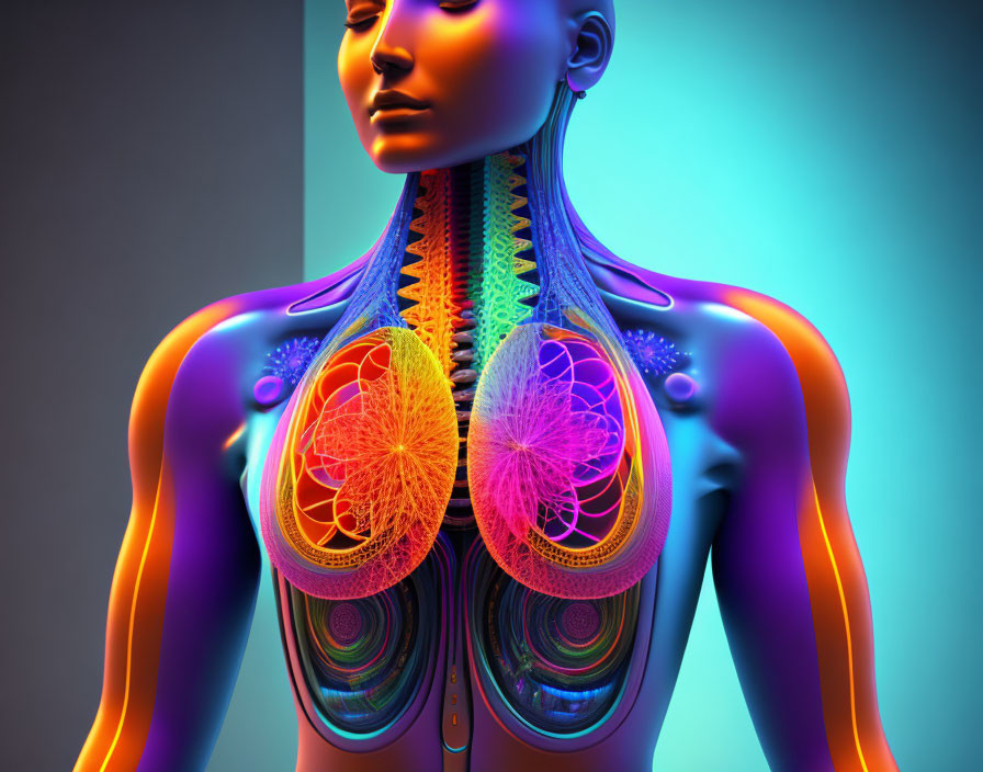 Colorful 3D illustration of transparent human chest cavity with lungs, trachea, and spine