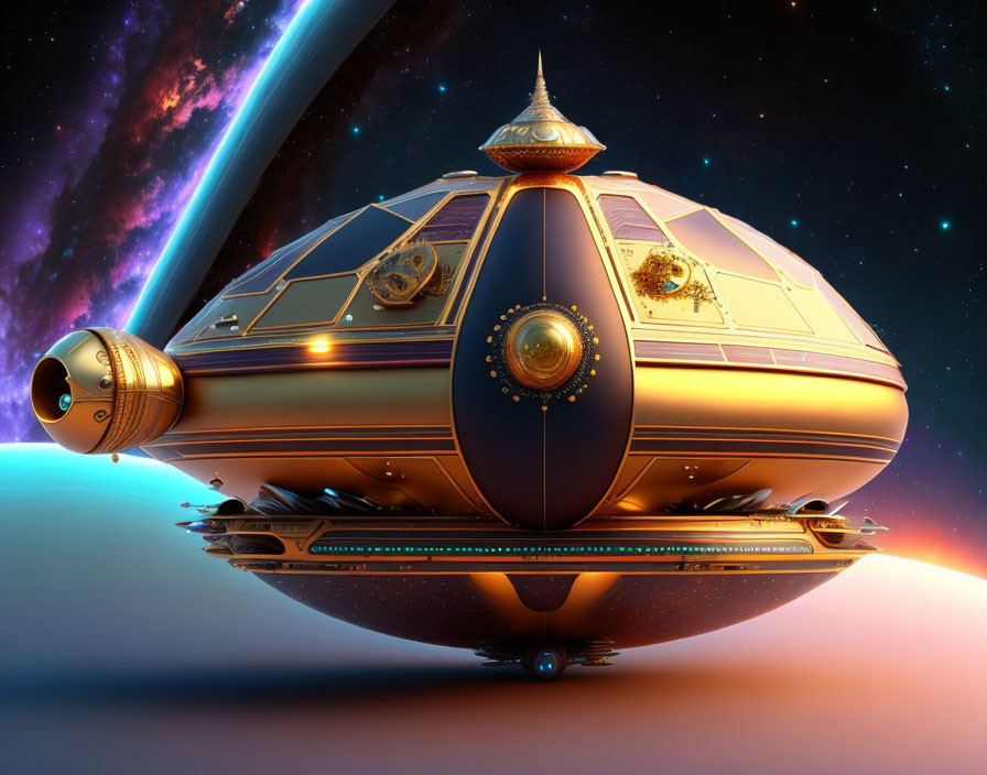 Steampunk-inspired spacecraft with gold and brass details in space.