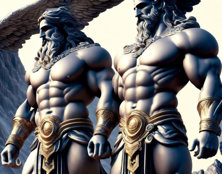 Muscular statues with angelic wings in classical attire against rocky backdrop