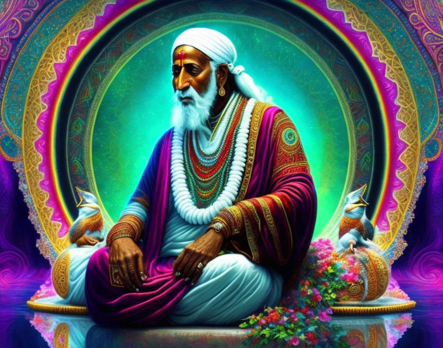 Digital Art: Meditative Figure in Traditional Attire on Psychedelic Circular Background