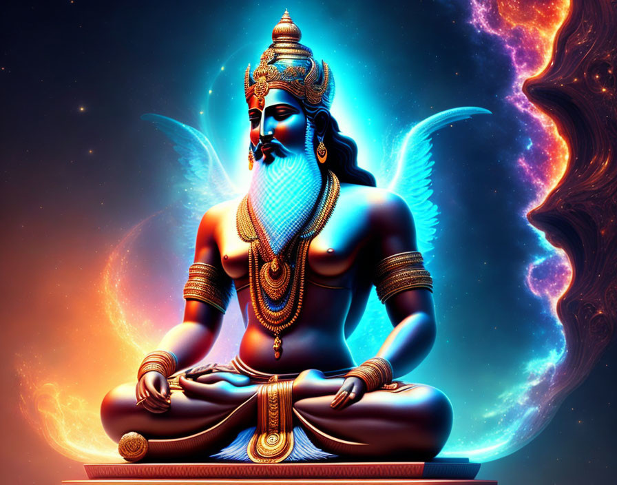 Blue-skinned, four-armed deity in meditation with cosmic and fiery backdrop