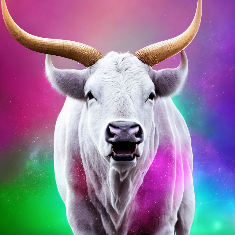 Majestic white bull with long curved horns against cosmic-colored background