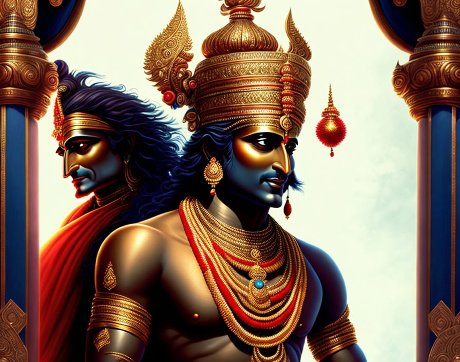 Mythological figures with blue skin and golden adornments standing by ornate pillars