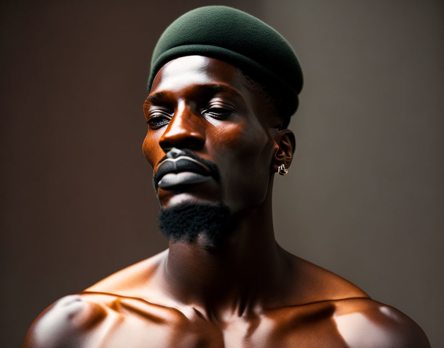 Sculpted bearded man in beret exudes confidence against brown backdrop