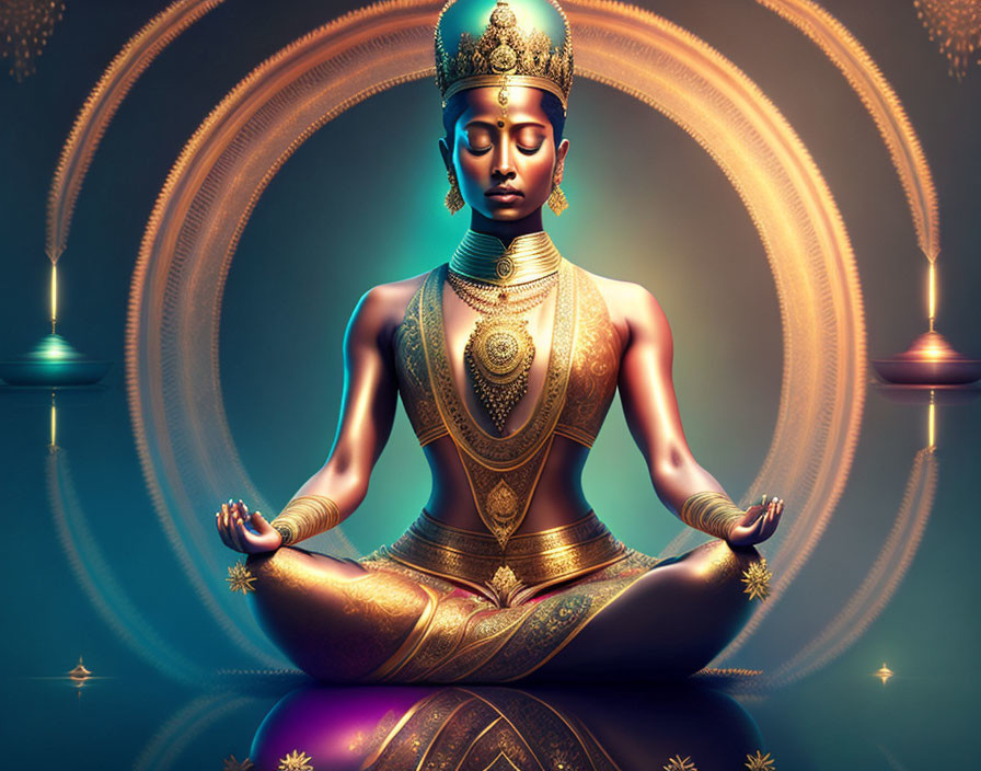 Meditating figure in royal attire on mystical blue backdrop