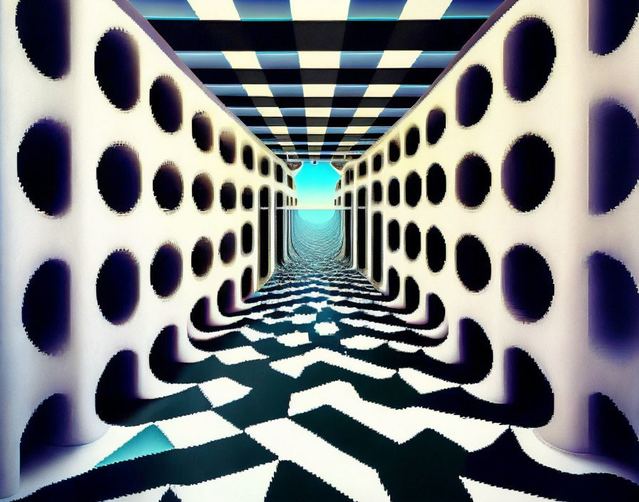 Surreal corridor with checkered floor and black dot walls leading to bright blue sky