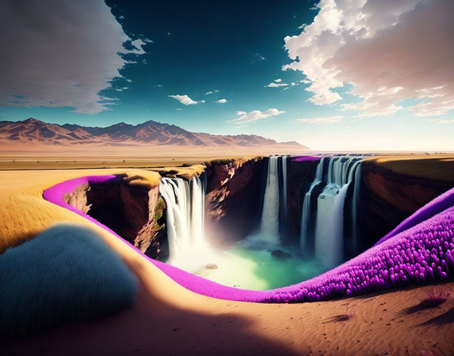 Vibrant purple waterfall in surreal desert landscape