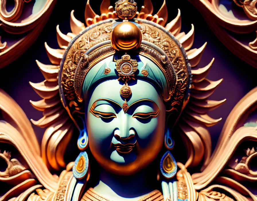 Blue ornate statue with serene face and golden headdress on dark background